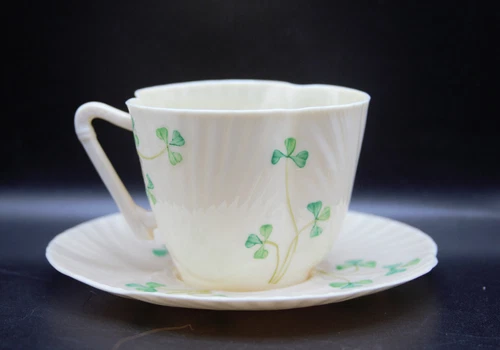 Vintage Belleek Ireland Harp Shamrock Teacup and Saucer Set 5th Mark