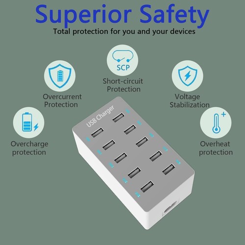 Multi Port USB Charger 50W 10 Port AC Adapter Wall USB Hub Fast Charging Station - Picture 2 of 7