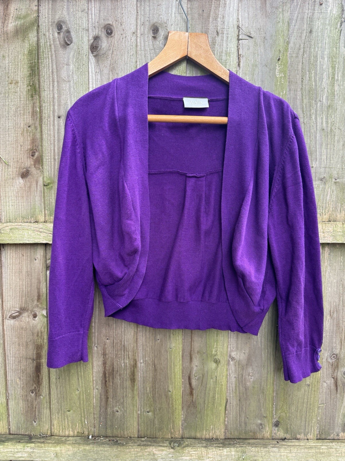 WALLIS UK L Purple Knit Open Cardigan Long Sleeves Mock Buttons on Cuffs Pleated