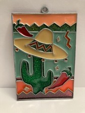 Southwest Scene Sombrero on Cactus Red Chili Peppers Suncatcher Stained Glass