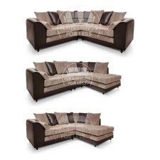 Luca Brown & Beige Corner Sofa Suite Cord Fabric + Leather Look Left Right 3 & 2