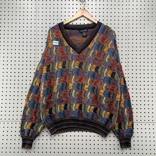 Vintage Tosani 3D Knit Sweater Mens Medium Multicolor V Neck Grandpa Pullover  