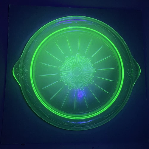 Vintage U.S. Glass "Tendrils" Green Uranium Depression Glass Handled Cake Plate