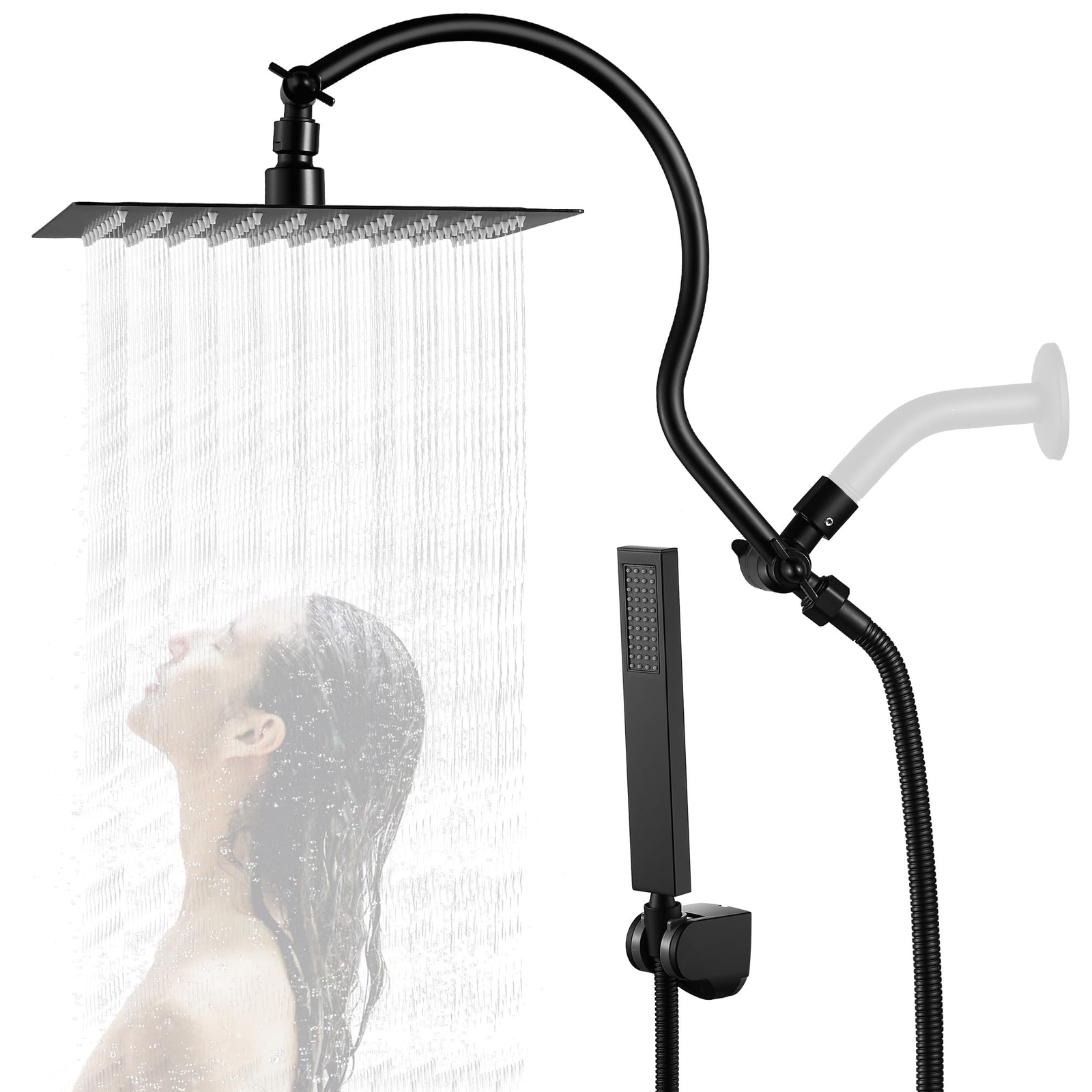 All Metal 8 Inch Square Rain Shower Heads with Rectangular Handheld Spray Com...