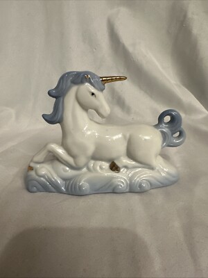 Vintage 1985 Unicorn Figurine White & Blue With Golden Horn By F.E.I. Inc