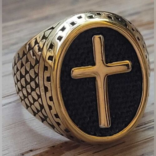 anillo pesado grueso de sello de cruz chapado en oro 14k Hombre - 第 7/7 張圖片