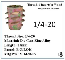 E-Z LOK 1/4-20 x 13mm Lg, Zinc Alloy Hex-Drive Threaded Insert for Wood (50 Pcs)