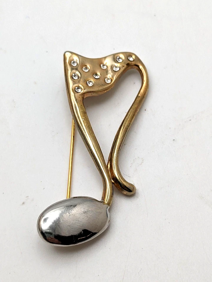 Broche Vintage Midcentury Music Note tono dorado/plateado cristales transparentes 2,25"x1 Foto 2 de 4