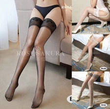 Women Ultra Slim Shiny Sheer Lace Top Thigh-Highs Silk Skinny Stockings Hold Ups