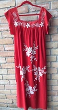VTG 70s Red Kaftan Patio Lounge Dress S/M? White Embroidery Hostess 38"B 54"L 