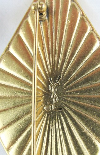 Yves Saint Laurent Blue Iridescent Prismatic Rhinestone Gold Rhombus Brooch Pin - Picture 6 of 7