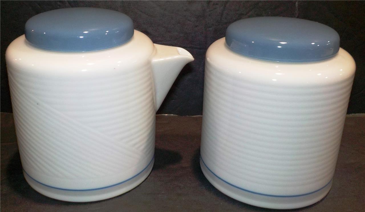 DANSK TAPESTRIES DAMASK BLUE Sugar Bowl, Creamer w/Lid & 3 Cups JAPAN