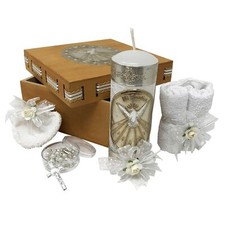 Catholic Baptism Candle Set in a Wooden Box with Towel, Candle, Rosary and Sh...