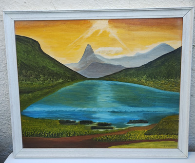 Mid Century Naives Ölgemälde Seenlandschaft 60er Vintage signiert gerahmt groß