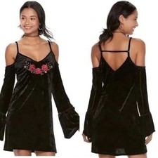 Disney Pixar Coco Dress Womens Sz M Black Velvet Cold Shoulder Embroidered Roses