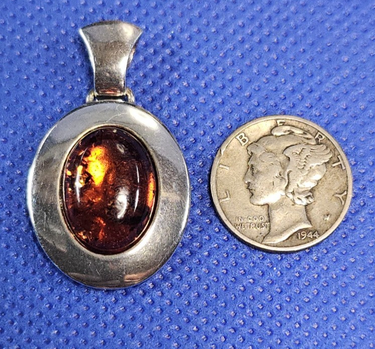 Orange AMBER OVAL stone Poland .925 Sterling SILVER PENDANT  1 1/4 x 1 7/8