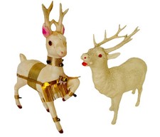 2 Antique Celluloid White Reindeer Glitter Japan Deer Vintage Christmas