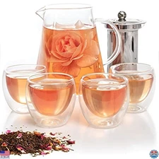 5 Piece Glass Tea Pot Set 33oz with Removable Infuser & 4 Double Wall Cups 2.7oz