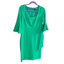 Adrianna Papell Emerald Green Square Neck Bell Sleeve Sheath Dress