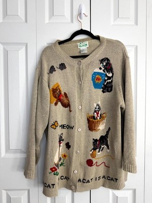 Quacker Factory Cardigan Sweater Women's Tan Beige 1X A Cat is A Cat Embroidered
