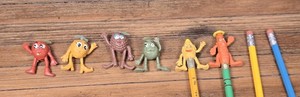 6 Vtg Munch Bunch Fruit and Vegetable Pencil Toppers 1970s 1 1/2" Funny Figures