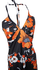 Fab vintage 60s/70s bold black floral halter neck  slinky  maxi dress    uk 6