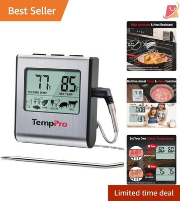 Digital Meat Thermometer Stainless Steel Large LCD Timer for Smoker Oven Grill