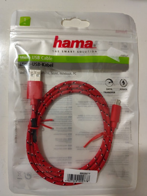 Hama Computer MicroUSB-B/USB-A 2.0 M/M Data/Charging Cable 1 m Fabric Red New