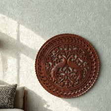 Hand-Carved Wooden Round Wall Art