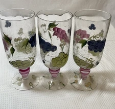 Set Of 3 Home Essentials Crackle  Water Goblets with Grape Vine Flower Design .