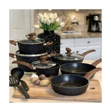 Kitchen Academy Induction Cookware Sets - 12 Piece Cooking Pan Set, Granite B...