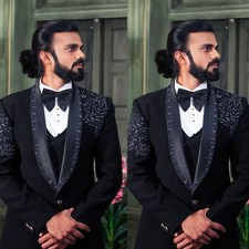 Luxury Men's Suits Beading Black Shawl Lapel Wedding Groom Formal Party 3 Pieces