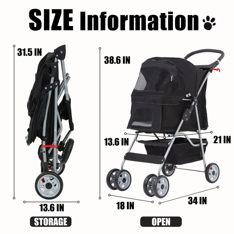 4 Wheels Dog Cat Stroller for Small Medium Dogs Cats Foldable Puppy Stroller - Image 4 of 4