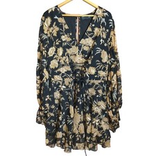 Asos Women's Floral Mini Dress Metallic Witchy Boho Lace Up Brown Black Size 16