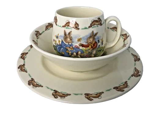 Vintage 1959-1975 Brown Mark Royal Doulton Bunnykins 3 Piece Set Plate Bowl Cup