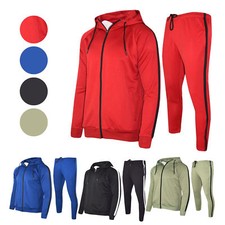 Mens Polyester Slim Fit Tracksuit Gym King Style Joggers Bottom Zip Hoodie Panel