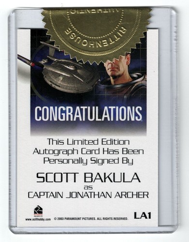 SCOTT BAKULA AUTOGRAPH CARD LA1 STAR TREK ENTERPRISE SEASON 3 RITTENHOUSE SEAL - Picture 2 of 2