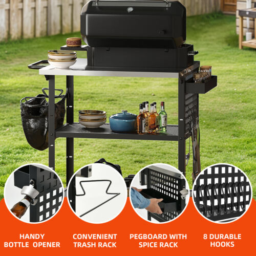 Outdoor Kitchen Cart Stainless Steel Grill Tables Flip Top 3-Tier Storage Shelf - Picture 4 of 11