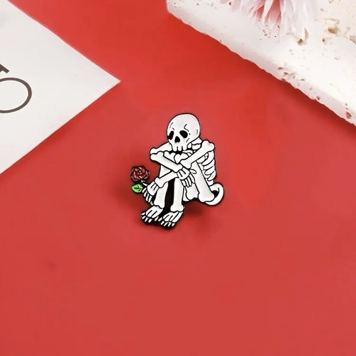 Sad Skeleton With Rose Enamel Pin - Sitting Dejected Curled Up Halloween Spooky - Picture 4 of 5