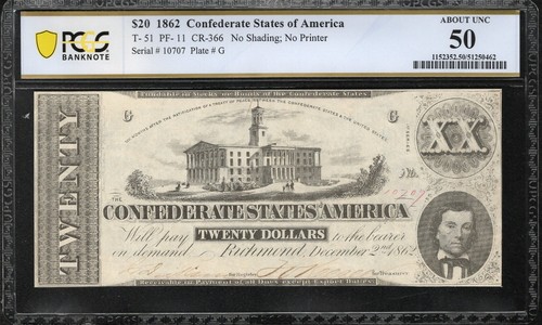 T-51 1862 $20 CONFEDERATE CURRENCY PCGS 50 CIVIL WAR 10707 - Picture 2 of 3