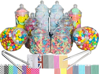 10 Kunststoff Süßigkeiten Gläser 5 Stile 2 Zangen 50/100 Beutel Süßigkeiten Buffet Retro Party