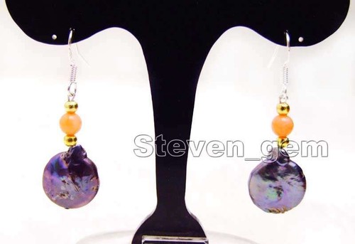 12-13mm Black Coin Round Dangle Natural Pearl Earring for Women & Pink Coral 468 - Picture 3 of 4