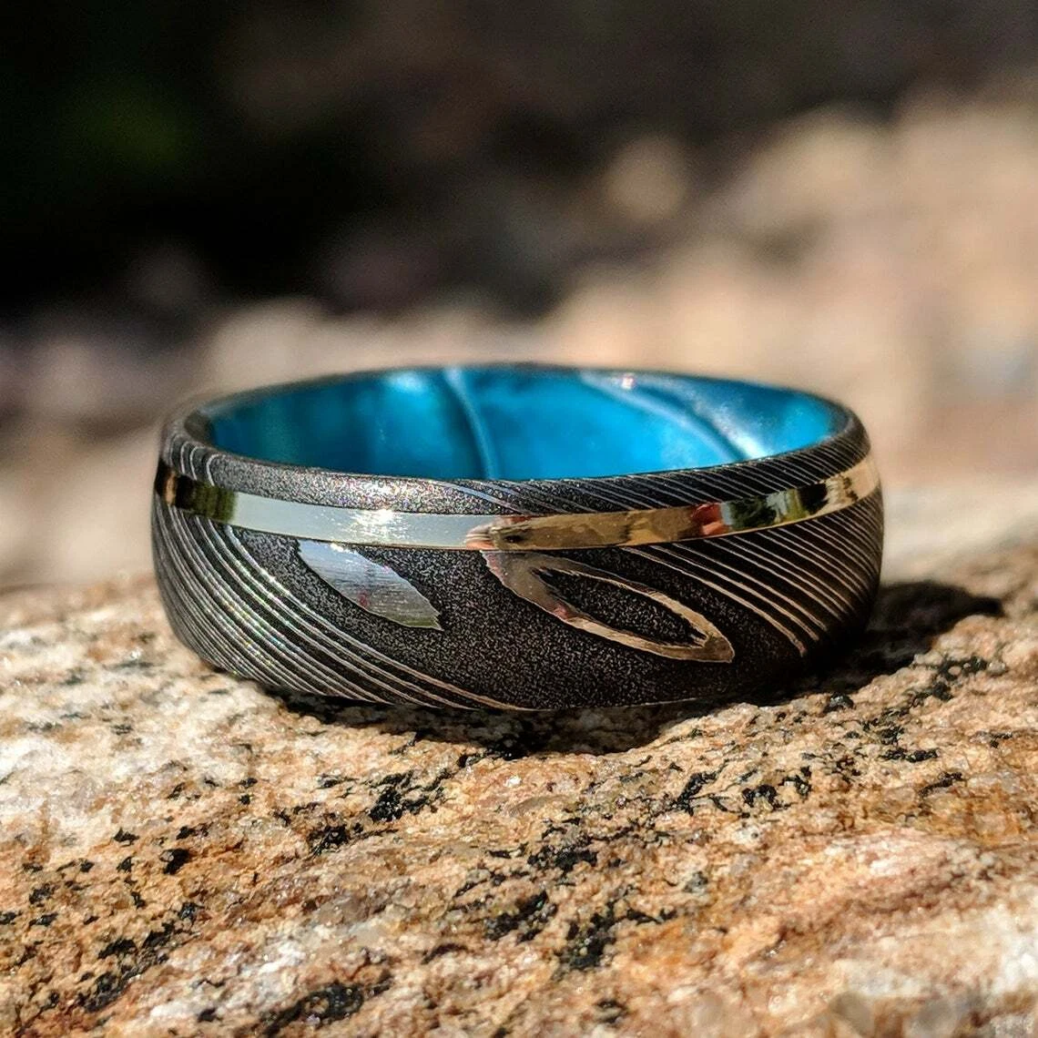 Mens Wedding Band Damascus Steel Ring 14k Gold Blue Ocean Sleeve