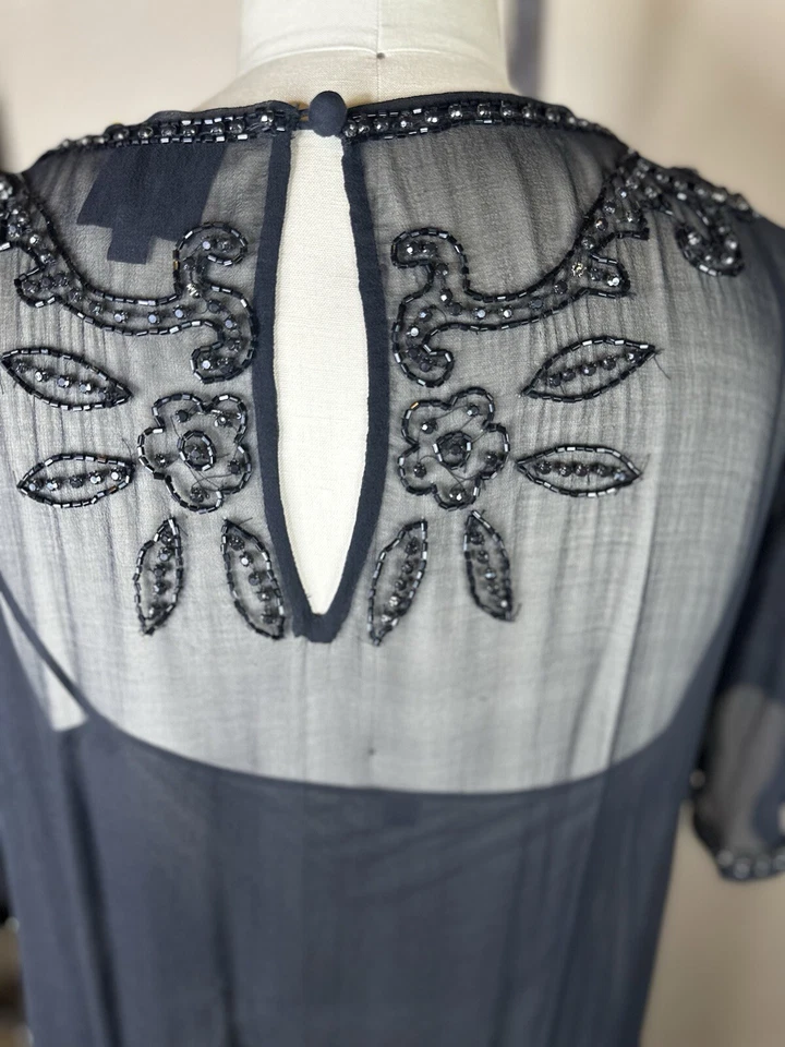 Vestido Anna Sui Negro Chifón Cristal Adorno Cuentas Talla M Foto 3 de 4