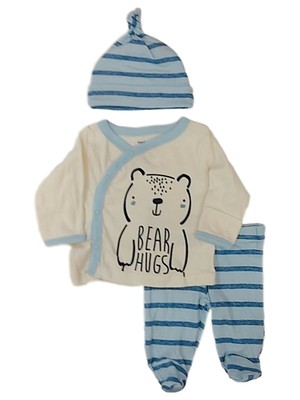 Infant Boys Cream Baby Outfit Bear Long Sleeve Shirt Blue Pants 3 PC Set 3-6 M