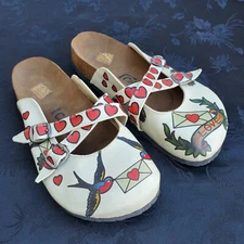 Cella Clog Shoes Women's SIze 38 7-8 White Birds Hearts Love Letter Cross Strap