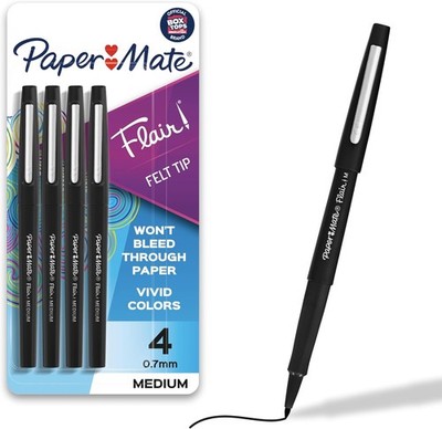 Flair Felt Tip Pens, Medium Point (0.7mm), Black, 4 Count