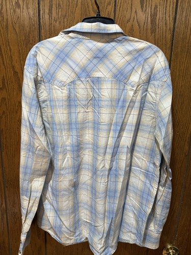 Aeropostale Hemd Herren mittelblau beige kariert Perlen Druckknopf Western Slim Fit - Bild 3 von 3