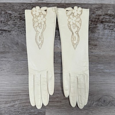 Vintage 50s 60s Italian Leather Opera Gloves Ivory Floral Cutwork Unworn