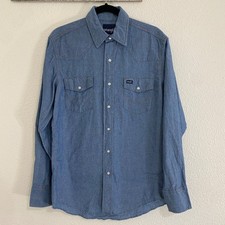 Wrangler Mens Medium Blue Denim Western Snap Button Long Sleeve Shirt